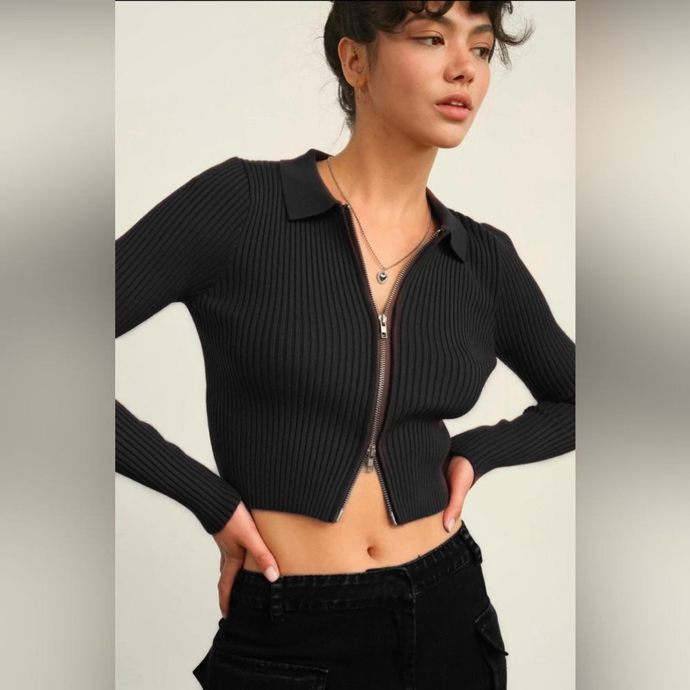 12B. Ribbed double Zip Cardigan Top - Black